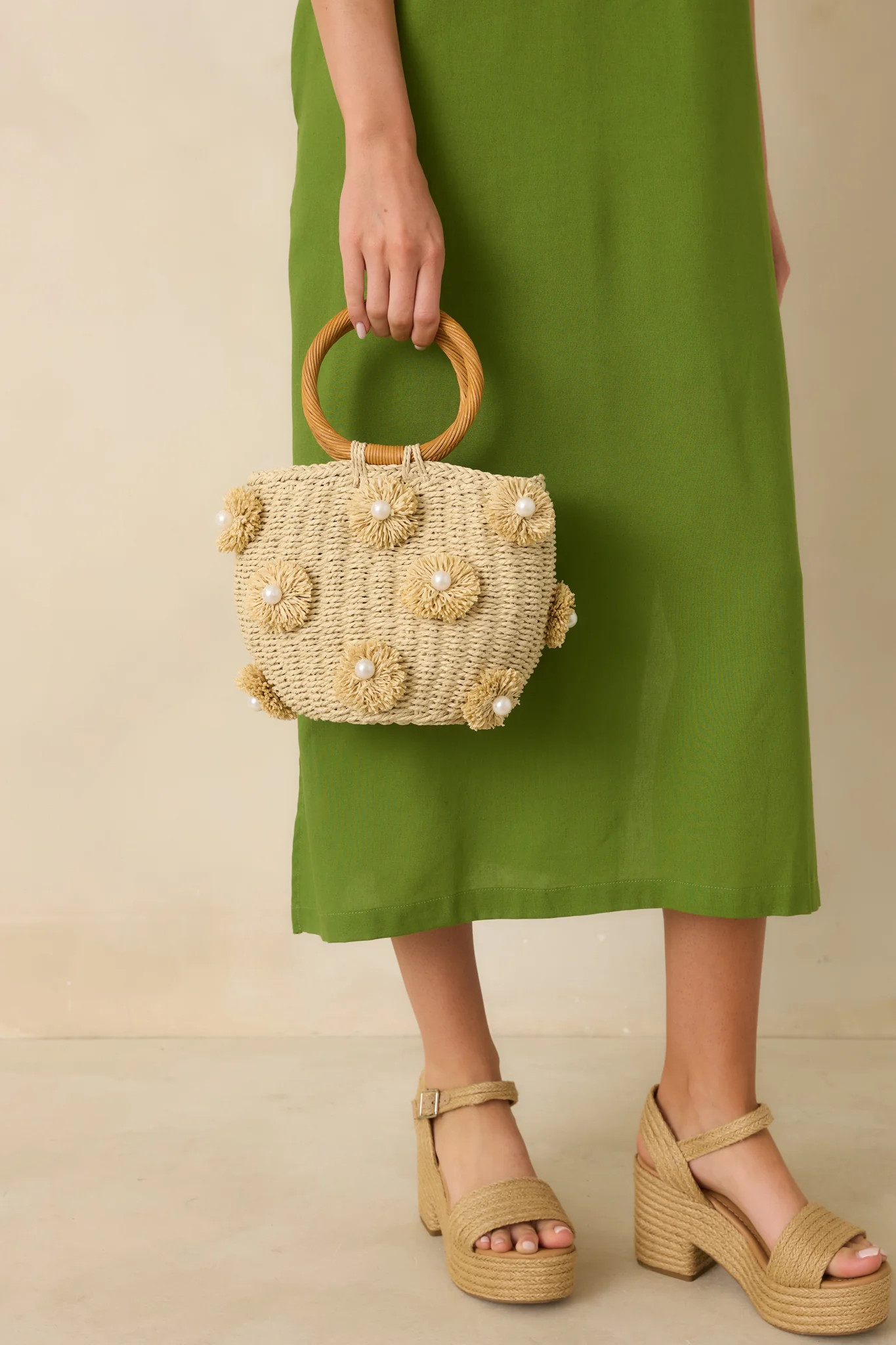 Pearls in the Sunshine Natural Woven Pearl Accent Handbag | Red Dress
