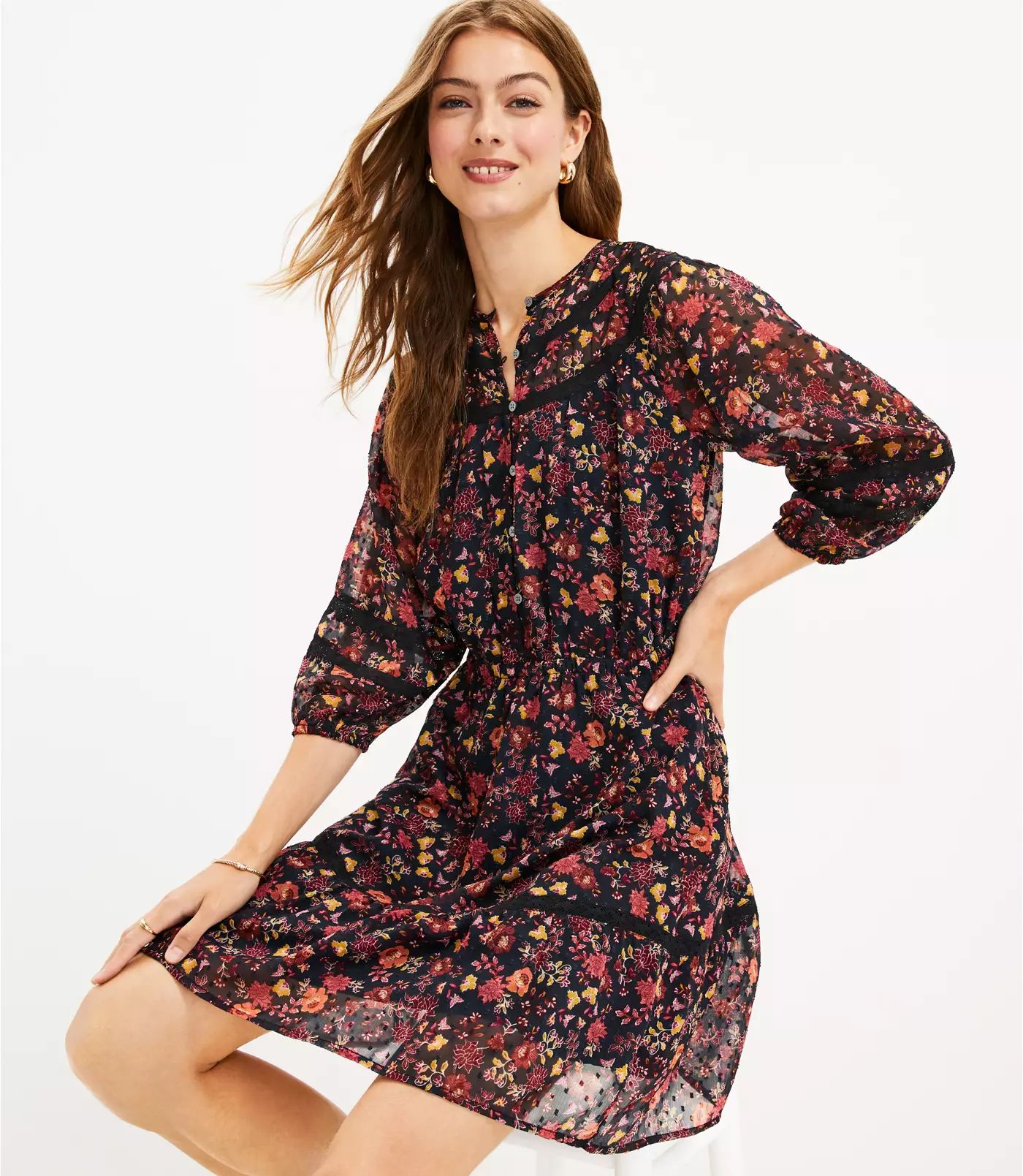 Floral Clip Tiered Button Dress | LOFT