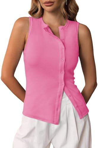 Cicy Bell Womens Button Down Tank Tops Summer Sleeveless Ribbed Vest Tops | Crew Neck, Trendy Cas... | Amazon (US)