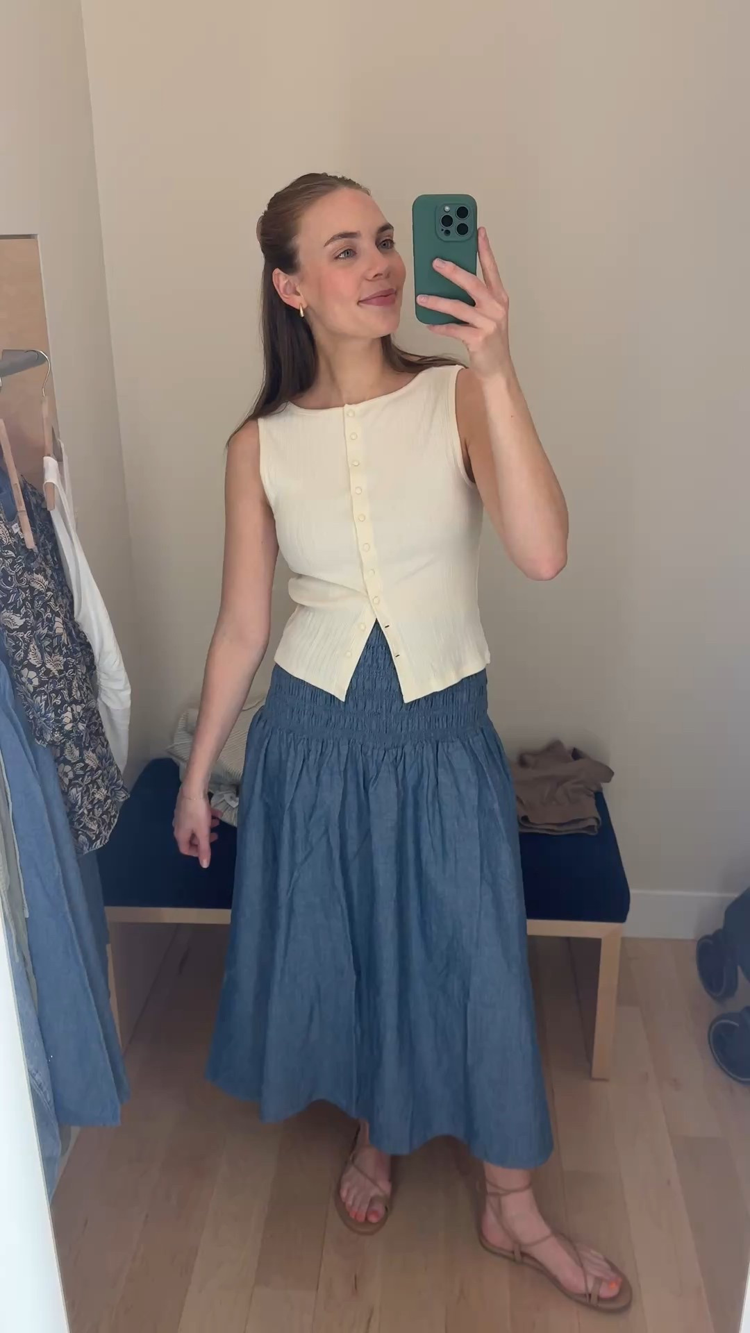 Love love love this look! #summer #madewell #maxiskirt #denim #smocked #postpartum 