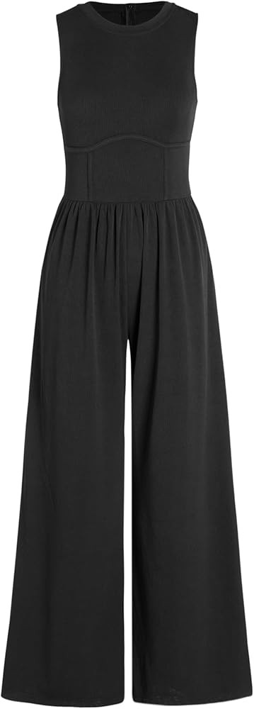 CIDER Jumpsuit for Women Sleeveless Wide Leg Overalls Casual Solid Crew Neck One Piece Outfits wi... | Amazon (US)