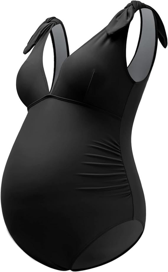 GINKANA Maternity Swimsuit One Piece with Tie Shoulder Pregnancy Swimwear V Neck Bathing Suit Mon... | Amazon (US)