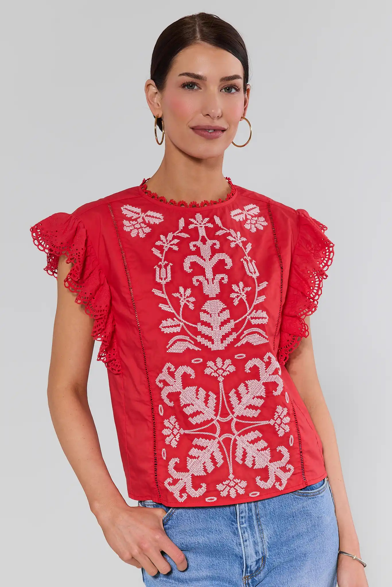Imogen Red Embroidered Top | Avara