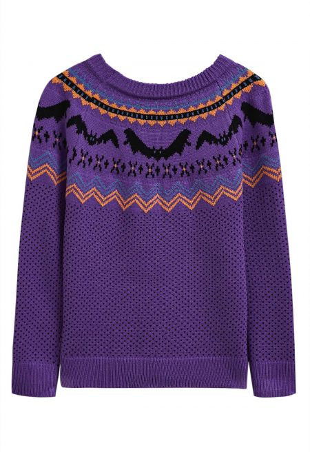 Spooky Bats Ribbed Knit Sweater in Purple | Chicwish