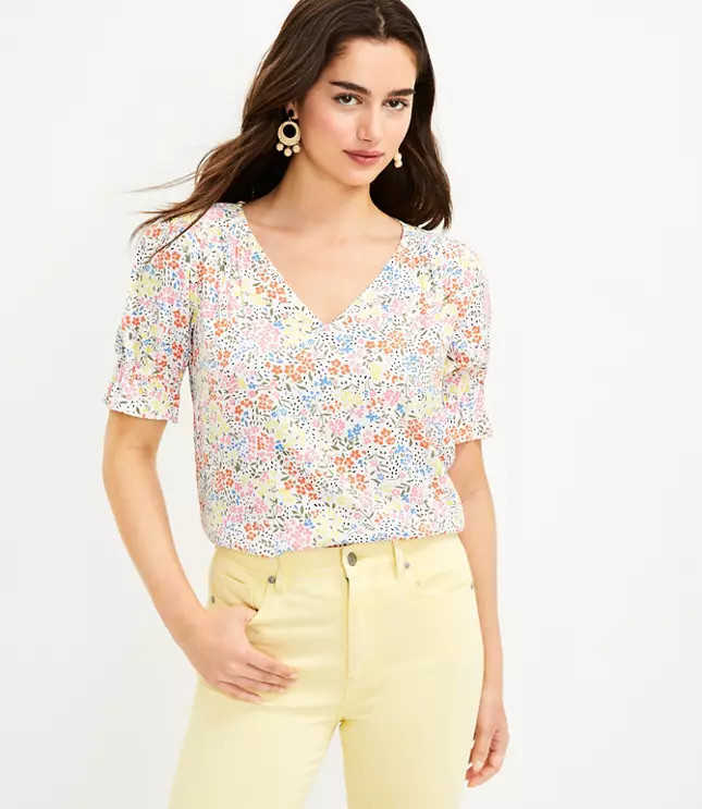 Floral Puff Sleeve V-Neck Top | LOFT