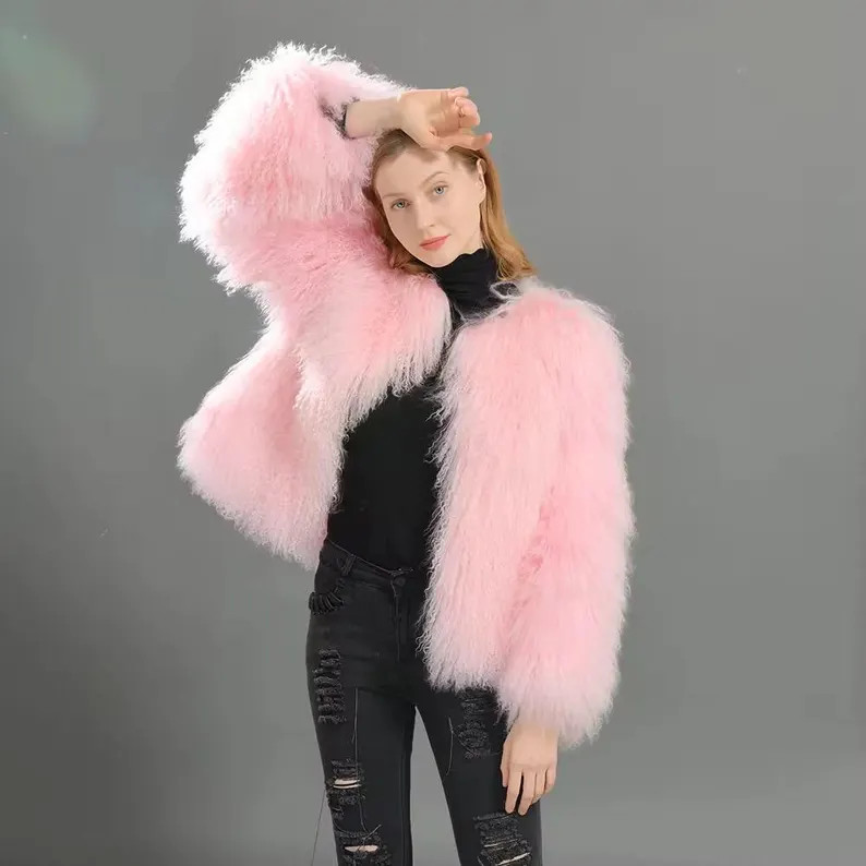 Mongolian Fur No Collar Waist Length Coat | Etsy (US)