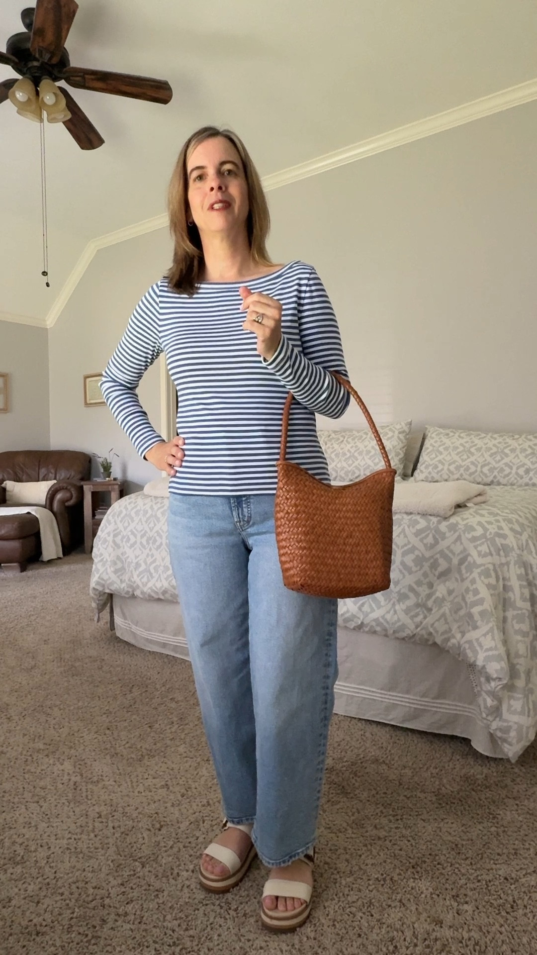 Love this outfit with a boatneck striped Tee, classic wide leg cropped jeans, and chic woven shoulder bag. 🤍 Ready for Spring! 

#LTKootd #LTKOver40 #LTKPetite