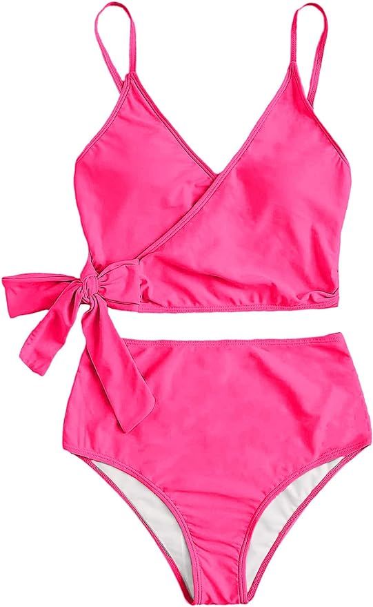 SweatyRocks Women's Two Pieces Swimsuit Solid Color Tie Side Top High Waisted Bikini Set | Amazon (US)