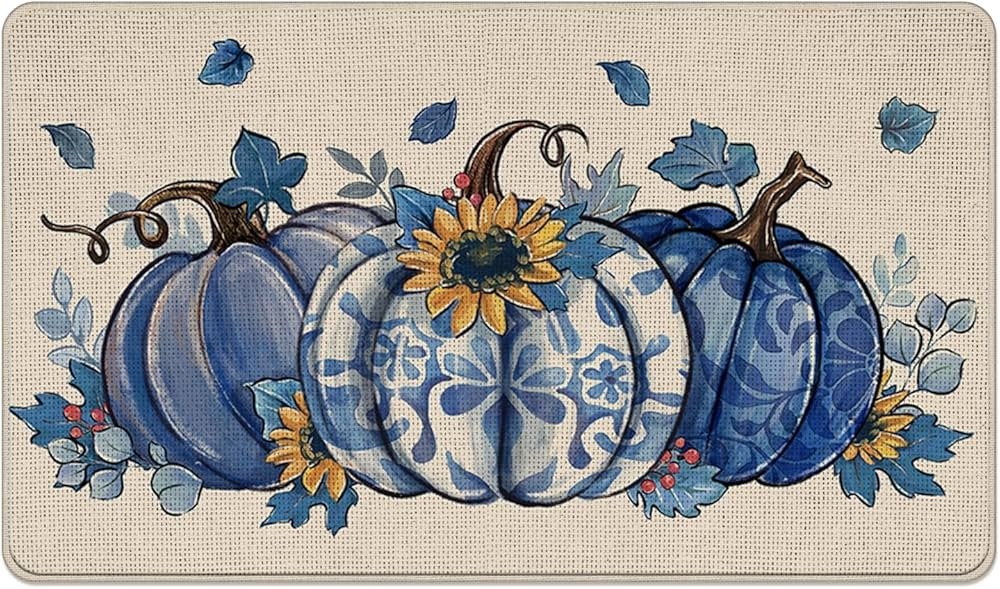 Fall Blue and White Porcelain Pumpkin Decorative Front Door Mat, Autumn Chinoiserie Doormat Indoo... | Amazon (US)