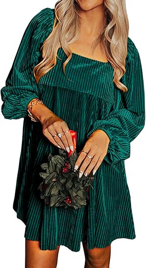 miduo Womens Loose Fit Square Neck Long Sleeve Velvet Mini Babydoll Dresses Shift Dress | Amazon (US)
