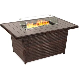 Wicker Propane Fire Pit Table, 50,000 BTU w/ Glass Wind Guard, Cover - 52in | Best Choice Products 