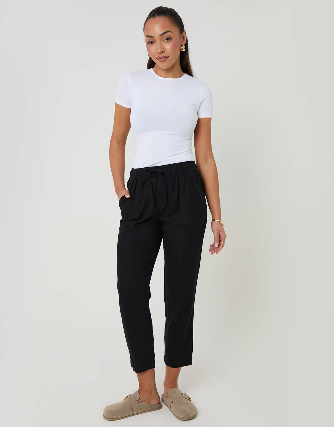 Linen Blend Drawstring Trousers in Black | Threadbare UK