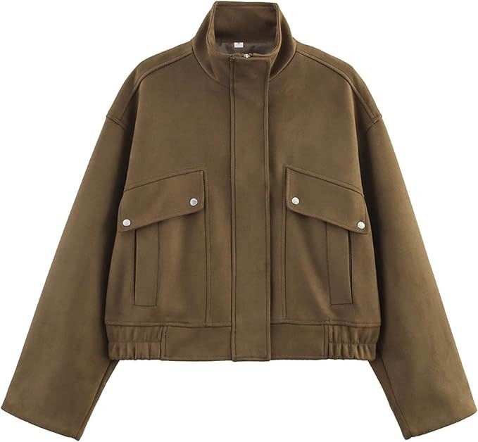 Womens Suede Bomber Jacket High Neck Casual Cropped Jackets Long Sleeve Zipper Streetwear Outerwe... | Amazon (US)