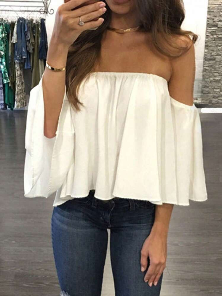Breezaya Champagne Color Off-Shoulder Elegant Women's Shirt | SHEIN