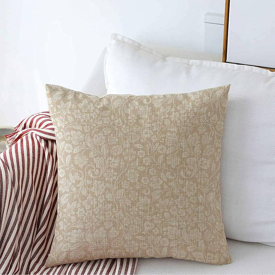 Decorative Square Throw Pillow Cover Farmhouse Linen Elegant Folk Vintage Floral Pattern Silhouet... | Amazon (US)