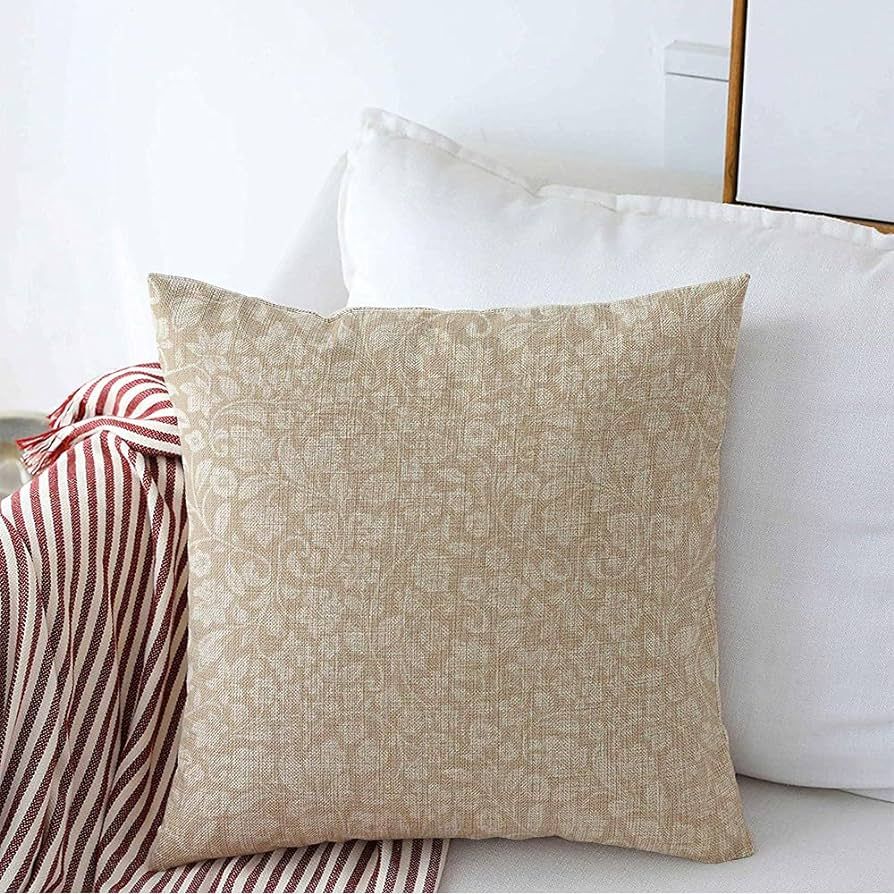 Decorative Square Throw Pillow Cover Farmhouse Linen Elegant Folk Vintage Floral Pattern Silhouet... | Amazon (US)