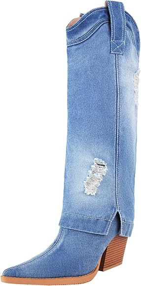 Reitoye Cowboy Boots for Women Embroidery Western Cowgirl Knee High Chunky Heel Boots with Pull-U... | Amazon (US)