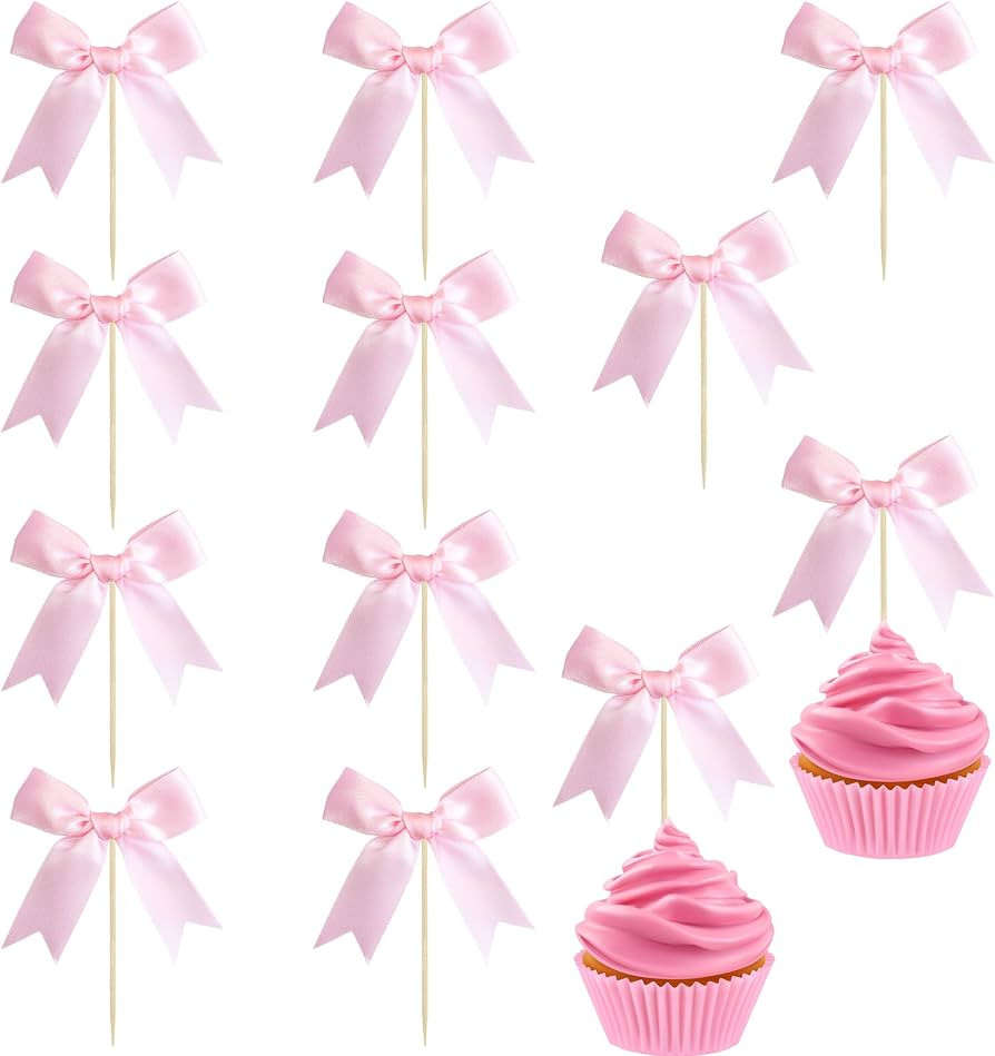 Ephlyn 24Pcs Pink Bow Cupcake Toppers Bow Cake Topper Birthday Decorations Mini Bowknot Cupcake P... | Amazon (US)
