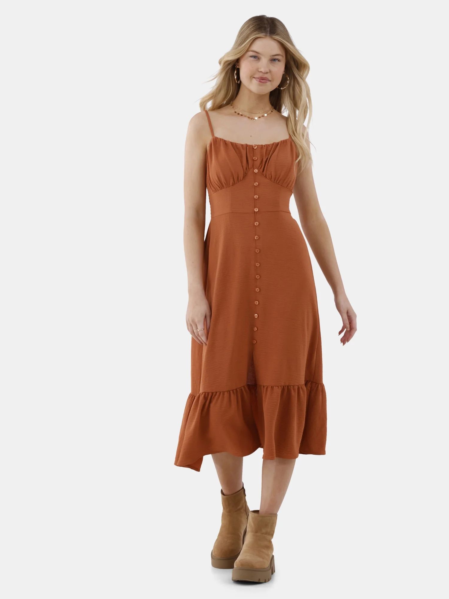 No Boundaries Button Front Flounce Midi Dress, Women’s | Walmart (US)