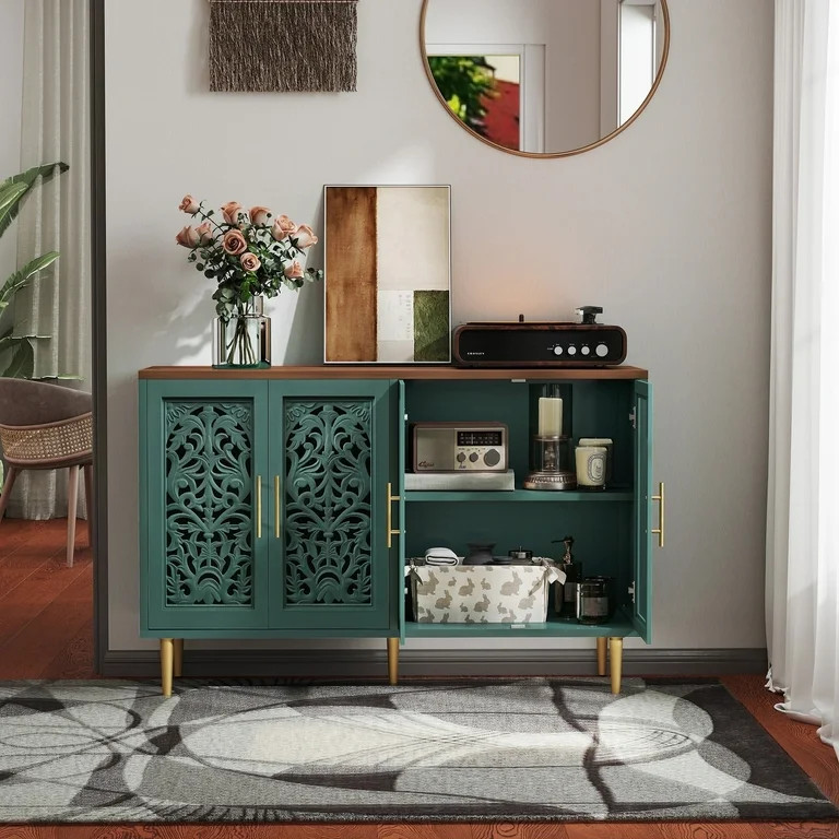 MROJISC Brown Accent Cabinet,47.8'' Hollow Carving Sideboard Buffet Cabinet with 4 Doors for Entr... | Walmart (US)