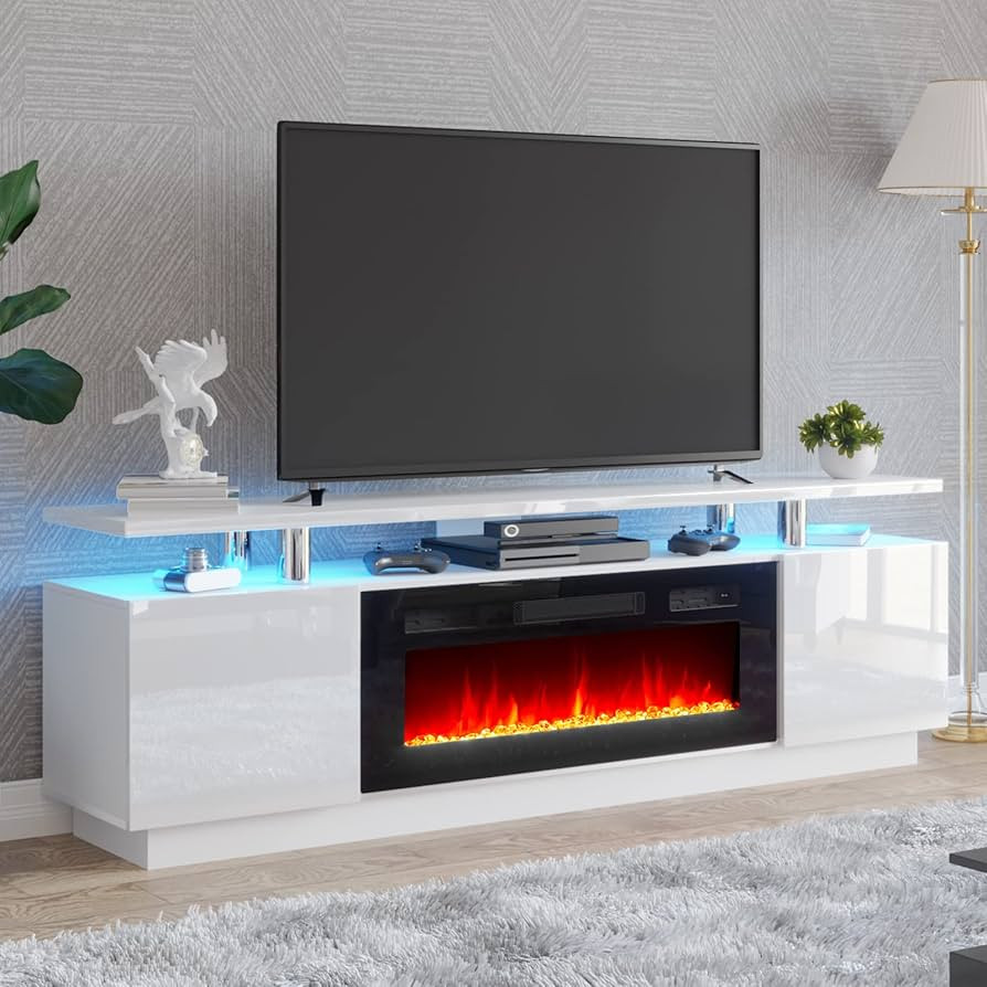 Amerlife Fireplace TV Stand with 36in Fireplace, 70in Modern High Gloss Entertainment Center LED ... | Amazon (US)