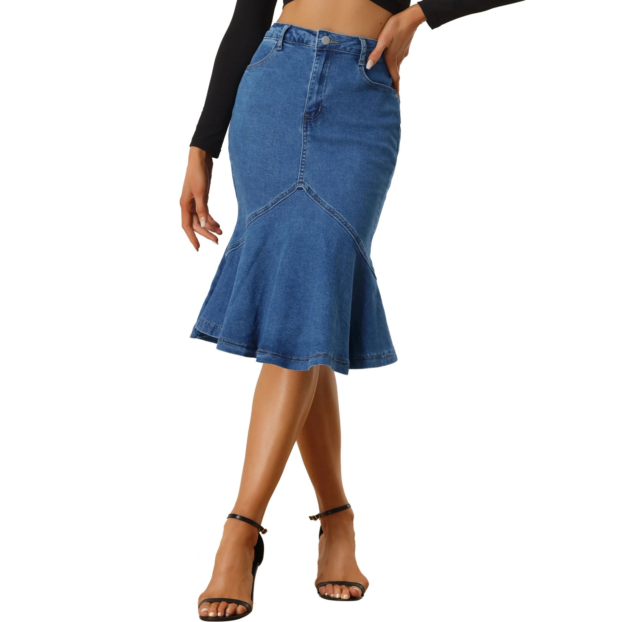 Allegra K Fishtail Denim Skirt for Women's High Waist Bodycon Jean Ruffles Skirts | Walmart (US)