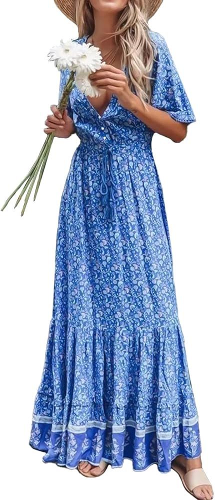 Anna-Kaci Women Floral V-Neck Boho Short Sleeve Summer Belted Ruffle Maxi Dress | Amazon (US)