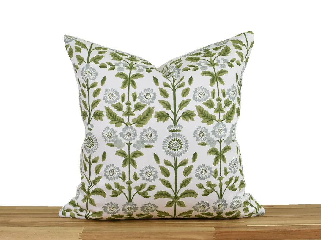 Green and Blue Gray Floral Pillow Cover, Olive Green and Soft Blue Pillow, Designer Pillow, Pillo... | Etsy (US)