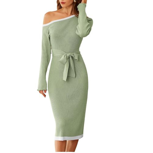 Women Fall Dress Sweater Dress for Women Midi Dress Long Sleeve Wedding Dress Tie Waist Slim Fit Sweater Dress Light Gray Green Fit Size Medium Size M Size 8 Size 10 | Amazon (US)