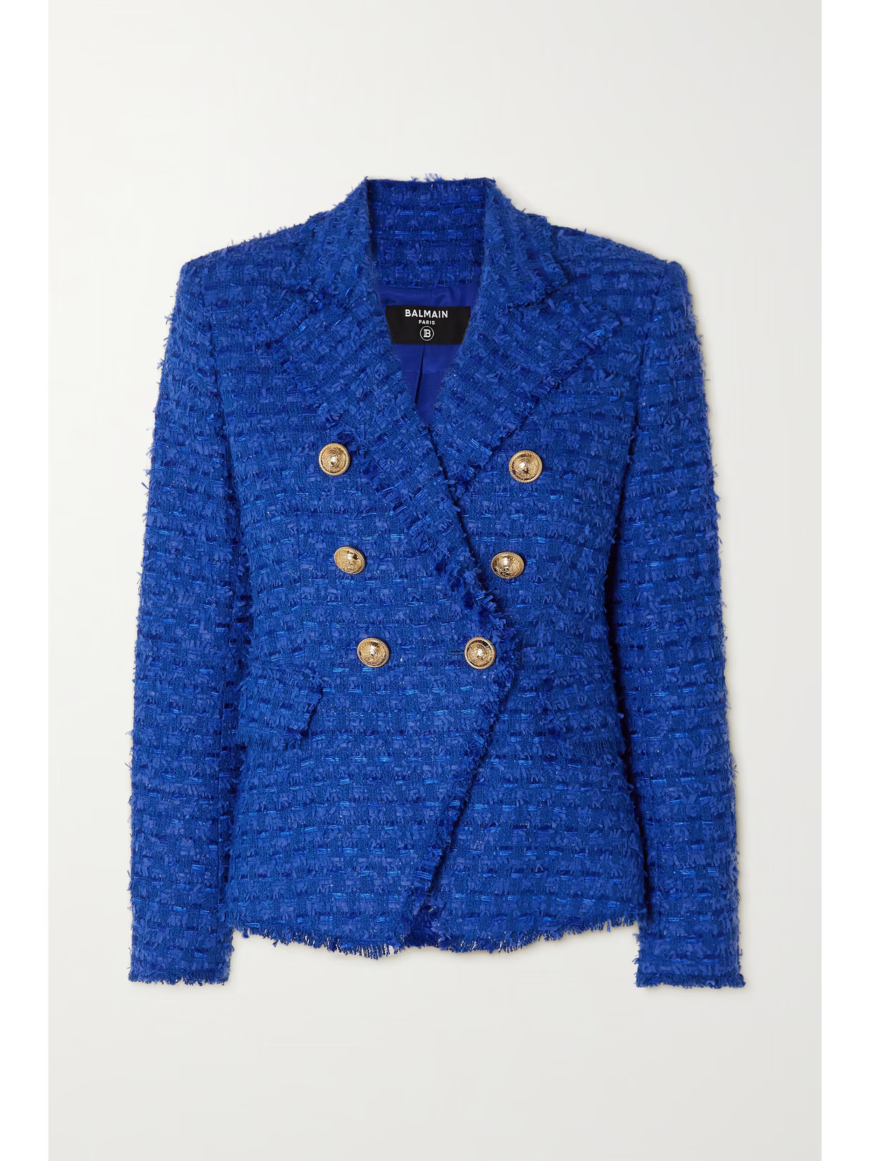 Balmain - Fringed Crystal-embellished Cotton-blend Bouclé-tweed Jacket - Blue | NET-A-PORTER (US)