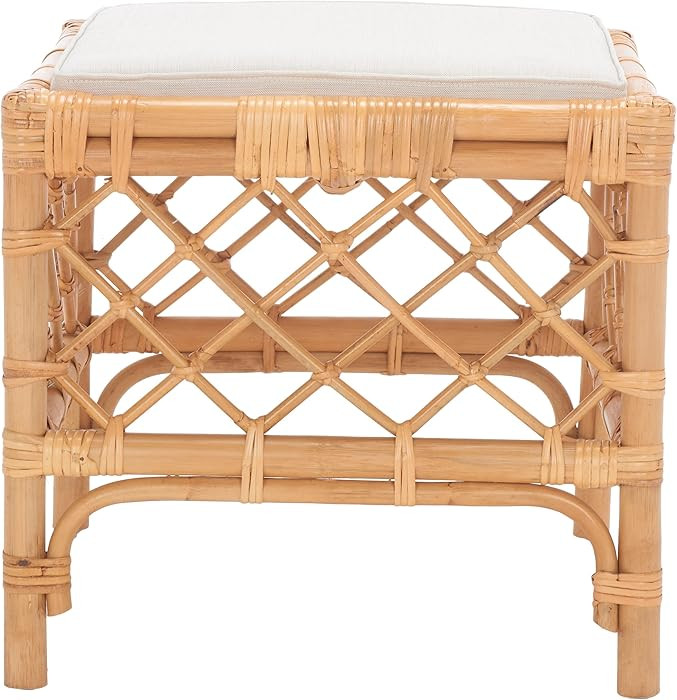 SAFAVIEH Home Collection Larroux Honey/White Rattan Solid Wood Ottoman with Cushion (Fully Assemb... | Amazon (US)