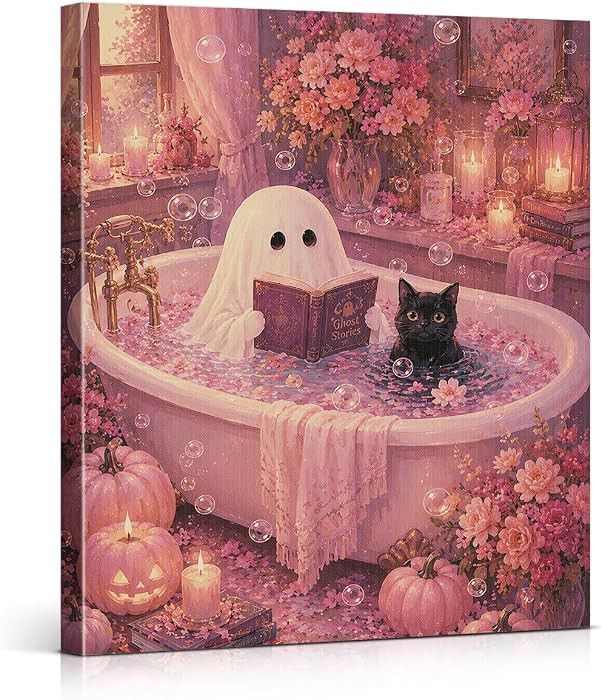 YeleY Halloween Ghost Canvas Wall Art Pink Bath Print Painting | Amazon (US)
