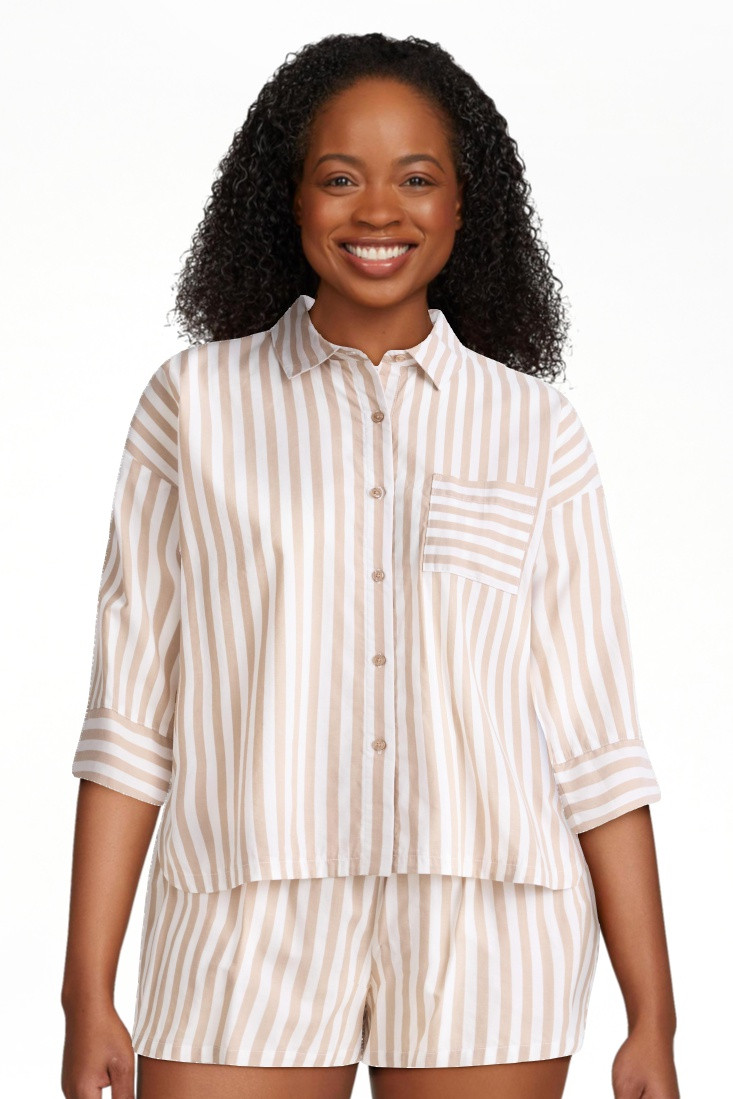 Joyspun Women’s Woven ¾ Sleeve Notch Collar Top and Boxer Shorts Pajama Set, Sizes XS-3X | Walmart (US)