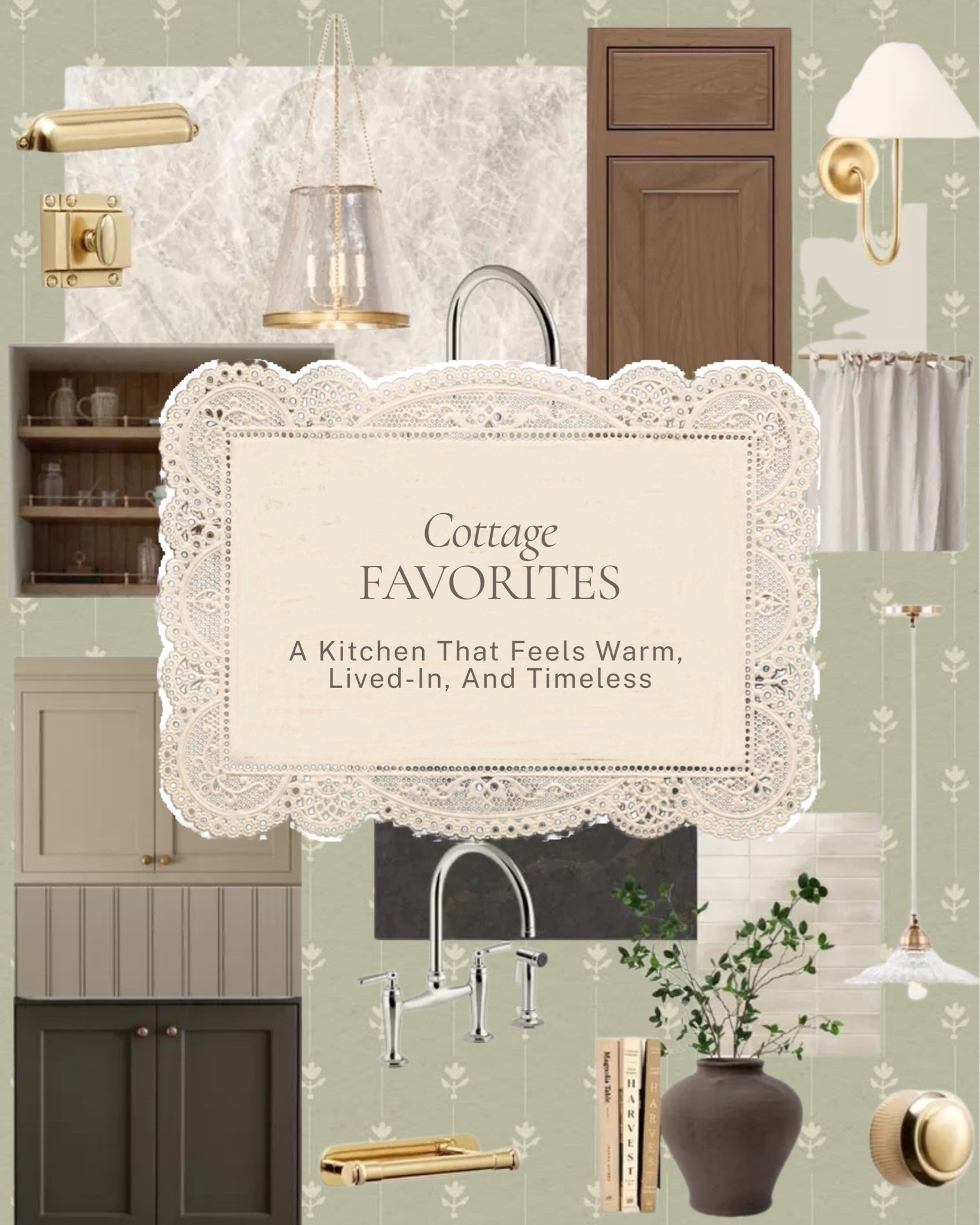A kitchen that feels like the heart of the home ✨ 

A few cottage favorites for a warm, lived-in space, rich walnut cabinetry, unlacquered brass hardware, a bridge faucet, and those layered details that make a kitchen feel timeless rather than trendy. 

All linked here! 🤍 

#LTKhome