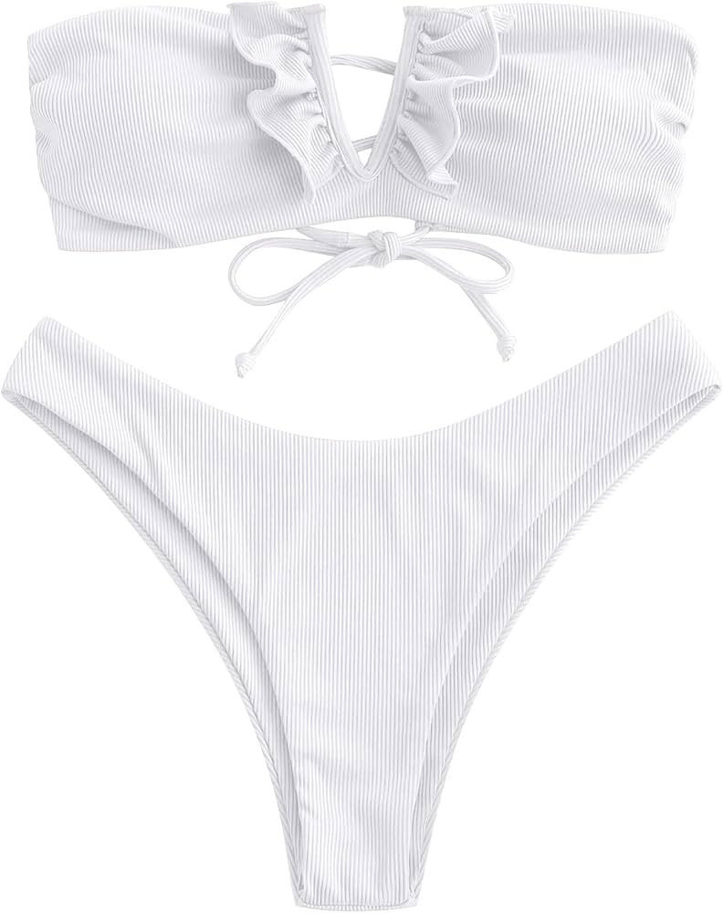 ZAFUL Women V-Wired Ruffle Ribbed Bandeau Bikini, Lace Up Bikinis Strapless Two Pieces Swimsuit | Amazon (US)