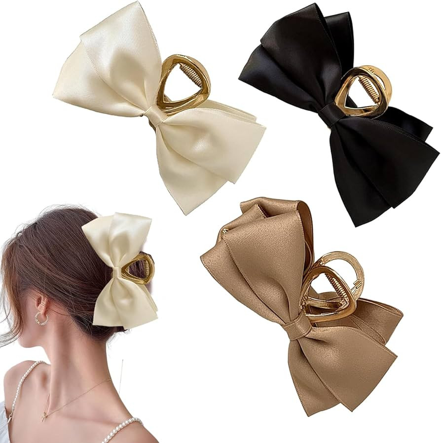 Qckarobe 3 Pack Satin Bow Claw Clips for Women, Large 4.7 Inch Gold Metal Hair Clips with Big Bow... | Amazon (US)