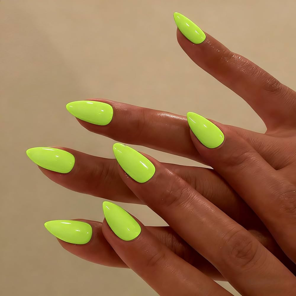 KXAMELIE Short Press on Nails Almond, Neon Green Fake Nails Short Stiletto, Glossy Pointed Acryli... | Amazon (US)