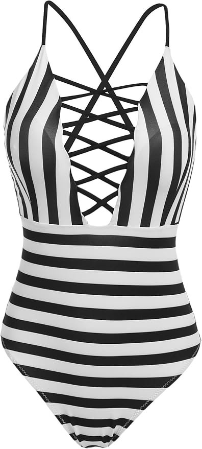 Ekouaer Womens Sexy Ruffle Criss Cross Back One Piece Swimsuit Monokini Swimwear | Amazon (US)