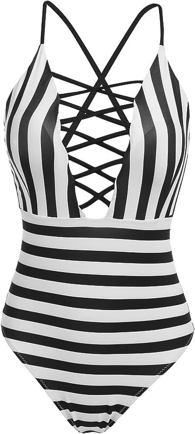 Ekouaer Womens Sexy Ruffle Criss Cross Back One Piece Swimsuit Monokini Swimwear | Amazon (US)