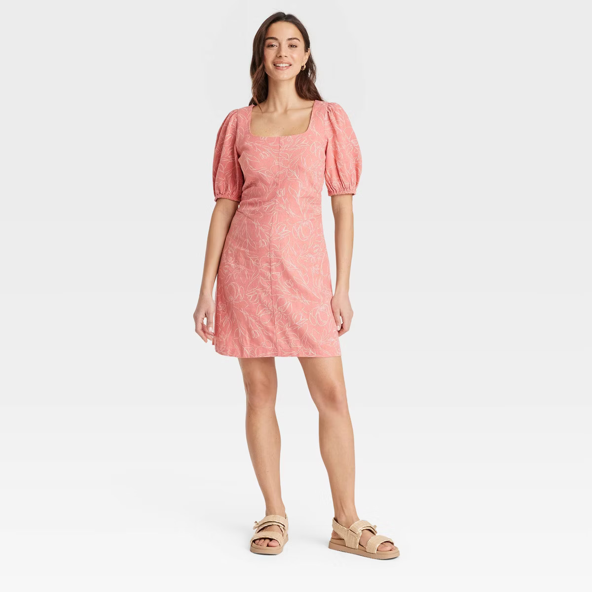 Women's Linen Short Sleeve Mini Sundress - A New Day™ Pink Floral 12 | Target