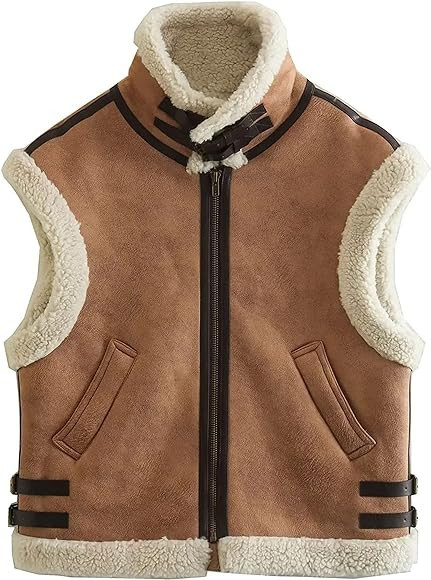 APAFES Womens Winter Fur Suede Vest Stand Collar Sleeveless Fleece Shearling Jacket Coat | Amazon (US)