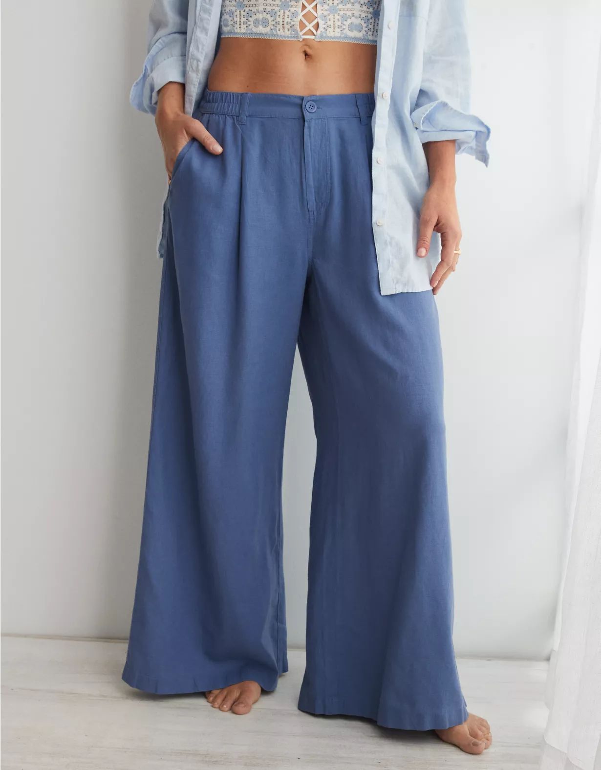 Aerie Pool-To-Party Linen Blend High Waisted Trouser | Aerie