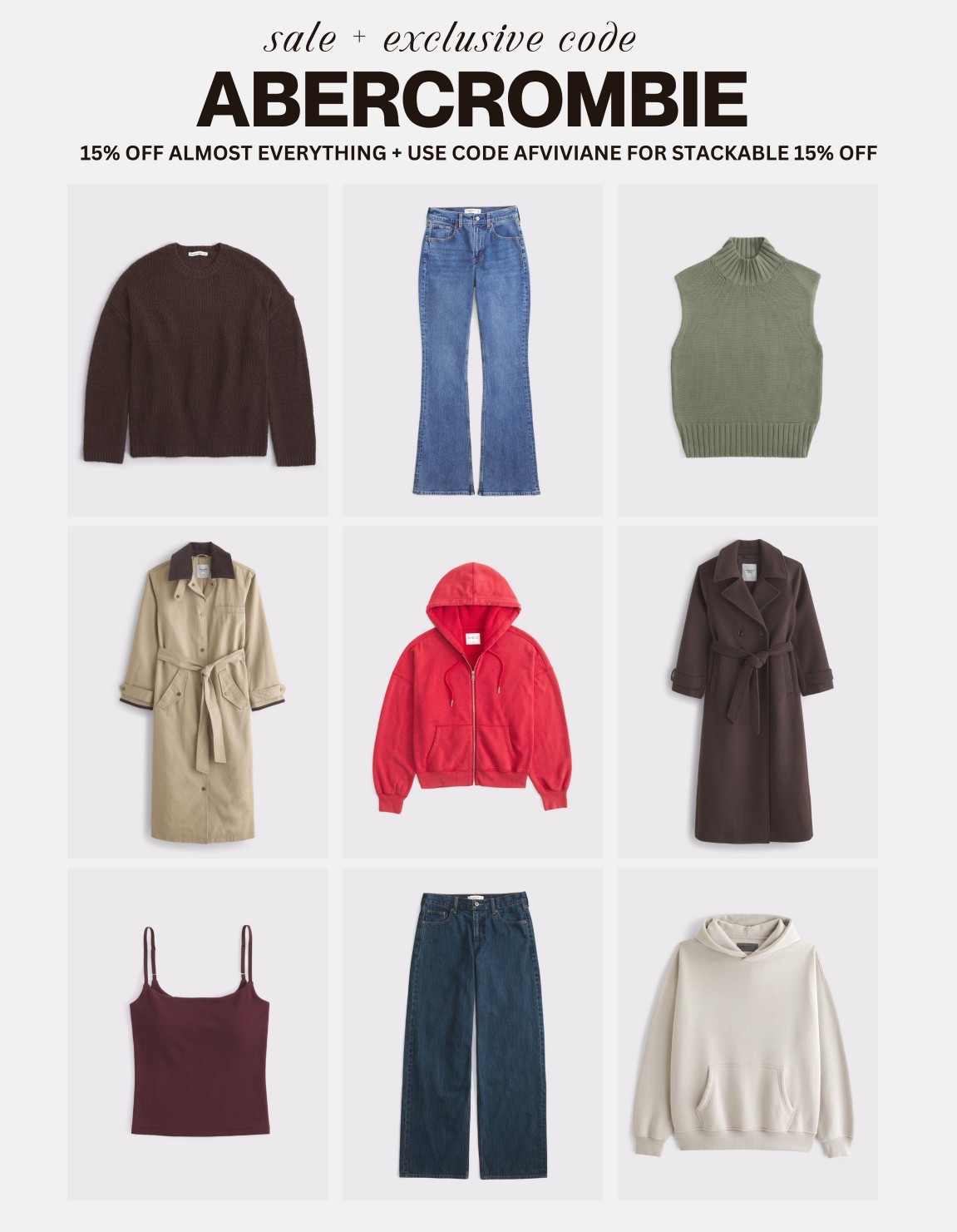 [10/13/25] Abercrombie final day code + sale! 15% off almost everything + stackable 15% with code AFVIVIANE 

my most loved + favorite items on sale! 

*Use code AFVIVIANE to get an additional 15 off almost everything at checkout from 10/8/2025 - 10 /13/2025 in US/CA. Exclusions apply. See details online.*

#LTKSaleAlert #LTKPetite #LTKSeasonal