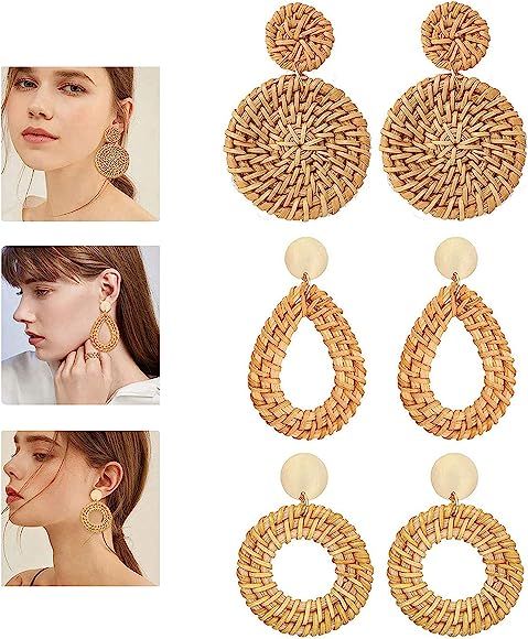 Rattan Earrings for Women Handmade Straw Wicker Braid Drop Dangle Earrings Lightweight Geometric ... | Amazon (US)