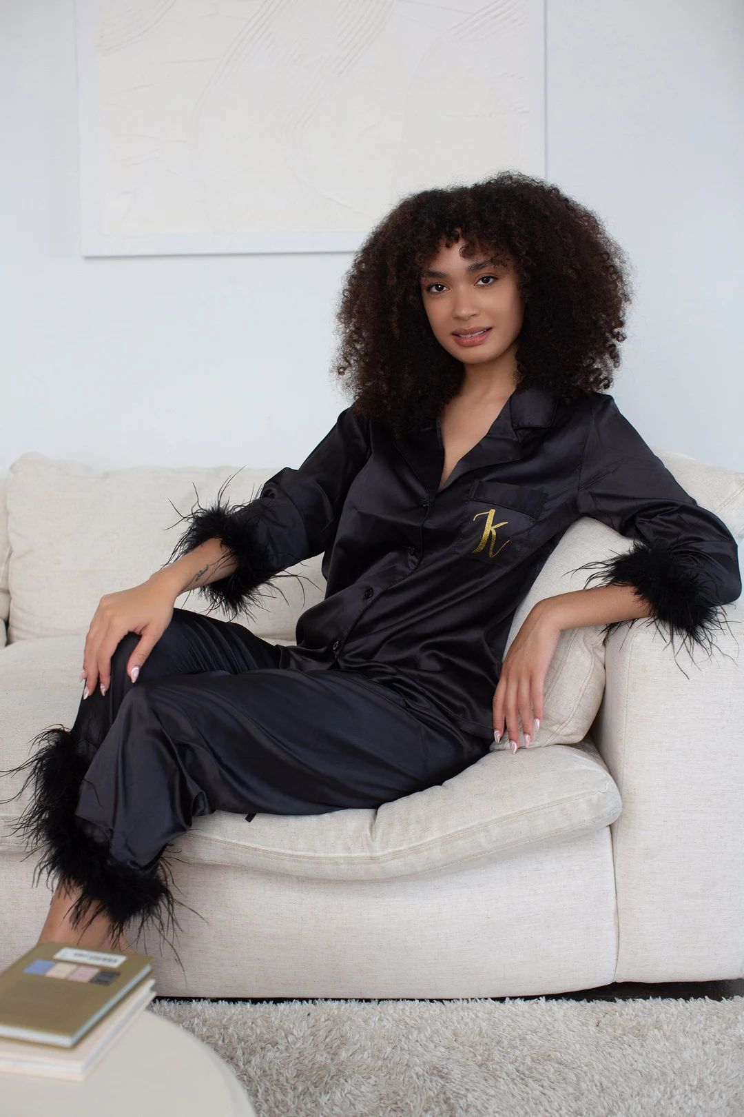 Personalized Black Feather Trim Pajama Set Monogrammed Satin - Etsy | Etsy (US)