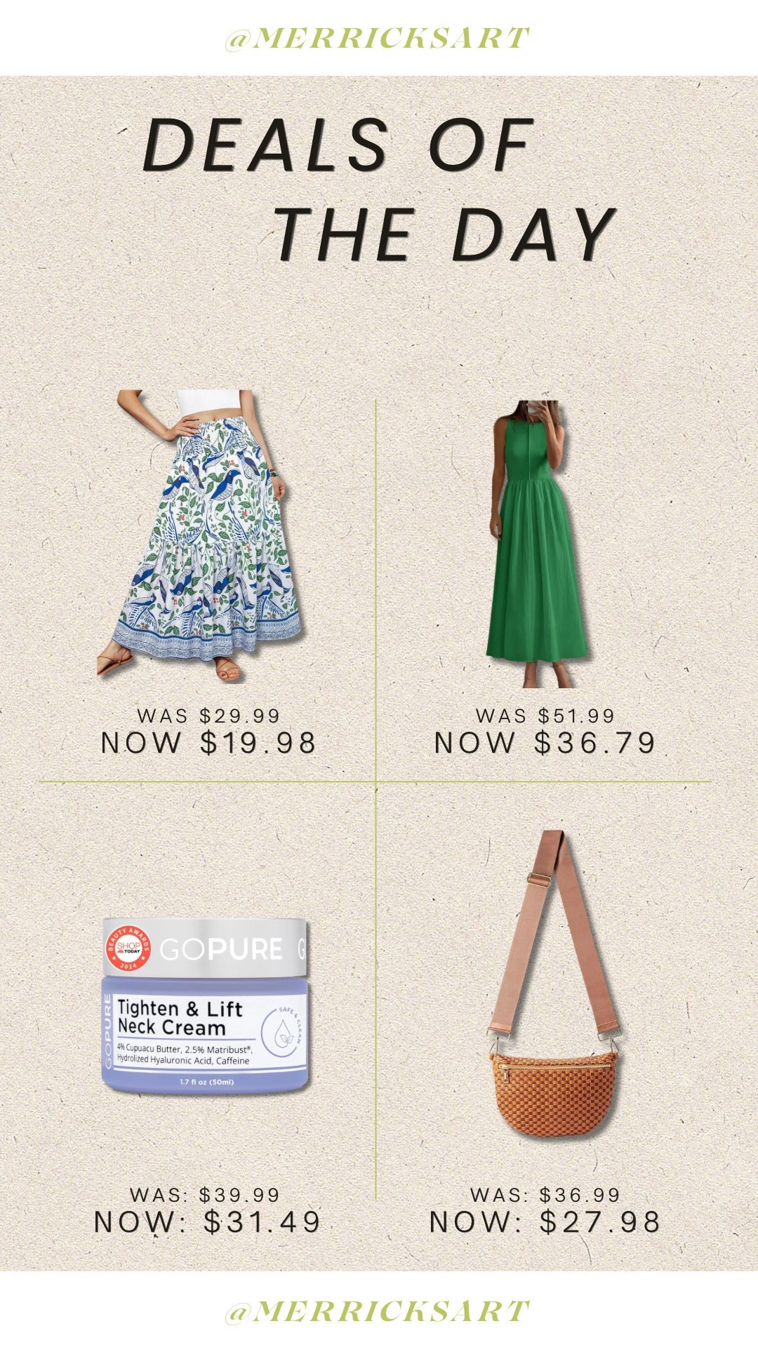 Today’s deals of the day: this skirt with farm Rio vibes, the perfect throw on and go dress, neck cream that actually takes away wrinkles and crepey skin, and the best bag for travel/theme parks/summer!