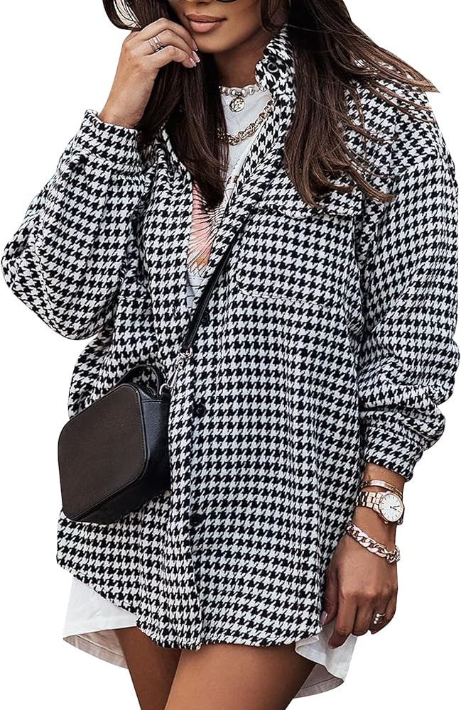 Arssm Women's Houndstooth Shacket Long Sleeve Button Down Oversized Plaid Shirt Jacket | Amazon (US)