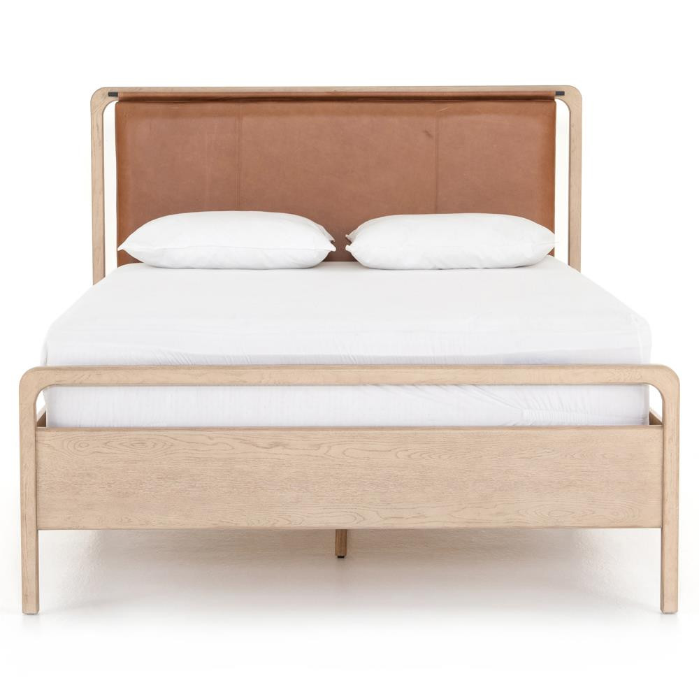 Matthew Modern Classic Brown Upholstered Leather Beige Oak Wood Bed - King | Kathy Kuo Home
