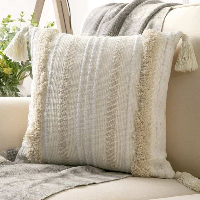 Phantoscope Boho Woven Tufted with Tassel Series Decorative Throw Pillow Cover, 18" x 18", Cream ... | Walmart (US)
