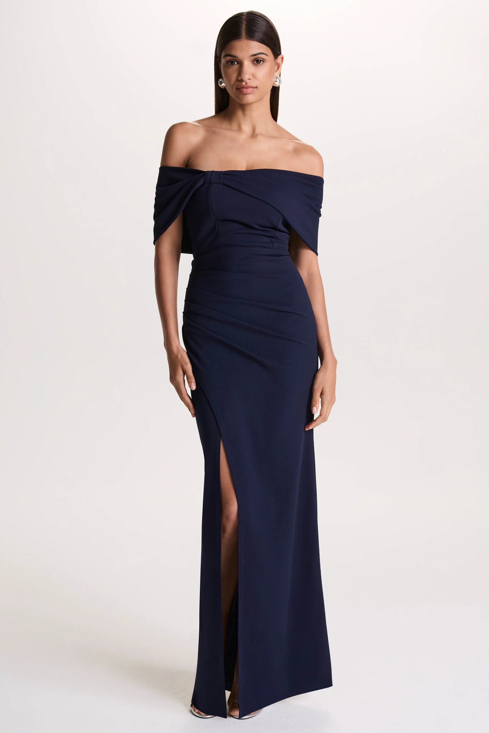 Eva  Navy Bardot Bow Detail Maxi Dress With Thigh Split | Club L London
